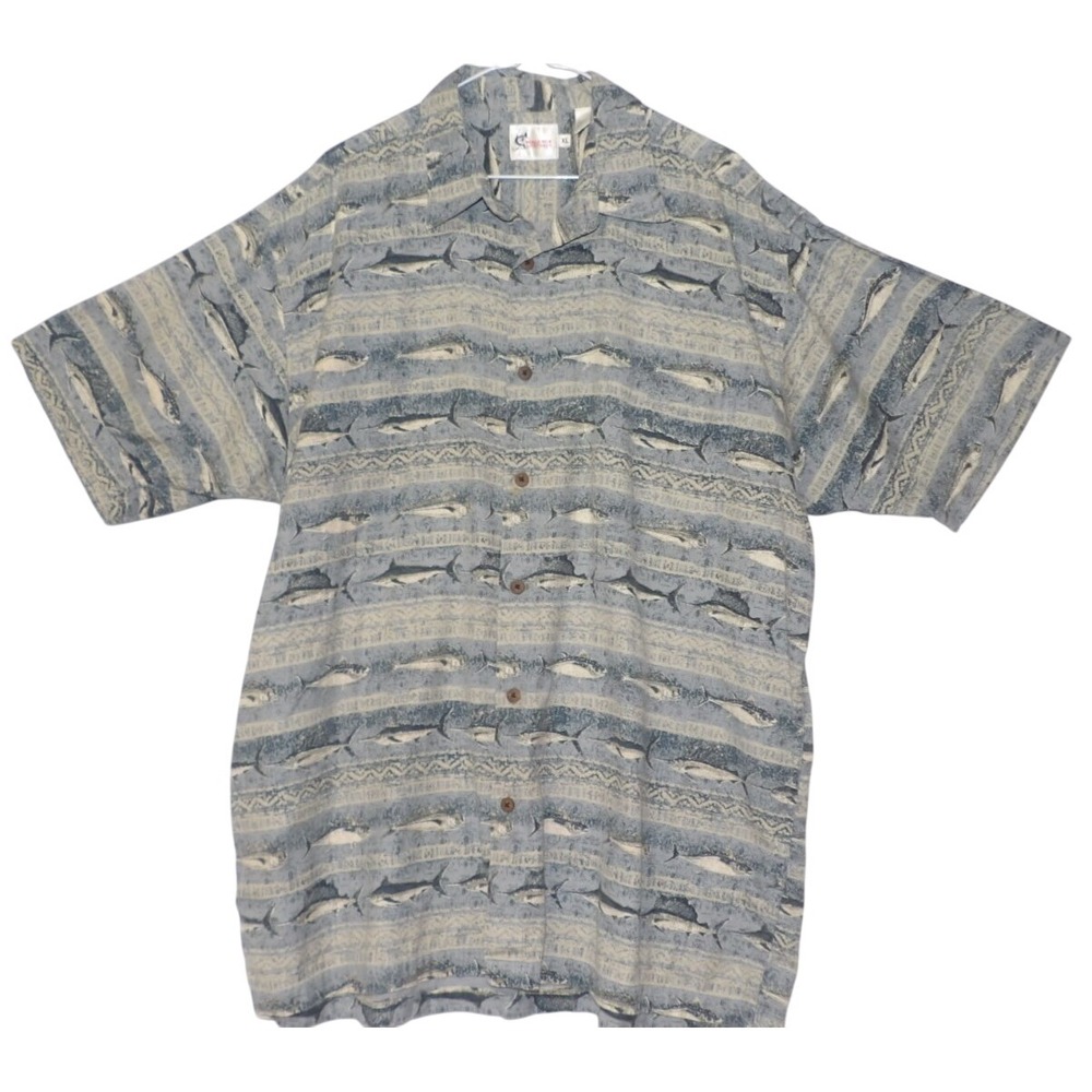 CC Collection Mens XL Button Up Shirt Fish Print Short Sleeve Blue Beige XL